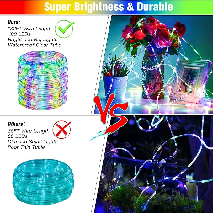 132Ft Rope Lights for Outside, Waterproof 18 Colors Changing Rope Lights Fairy String Lights with Remotes, 400 LEDs Dimmable Twinkle Christmas Lights for Bedroom Patio Halloween Decorations