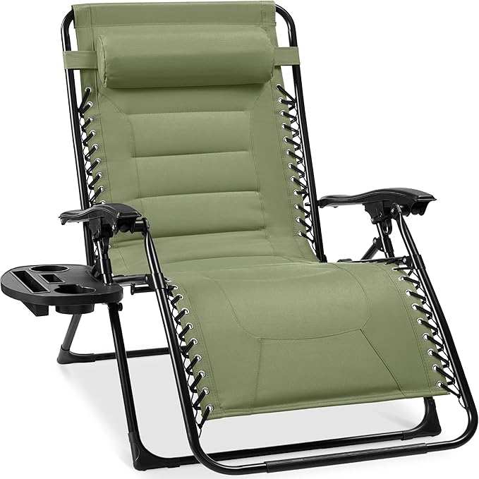 Best Choice Products Oversized Padded Zero Gravity Chair, Folding Outdoor Patio Recliner, XL Anti Gravity Lounger for Backyard w/Headrest, Cup Holder, Side Tray, Polyester Mesh - Sage Green