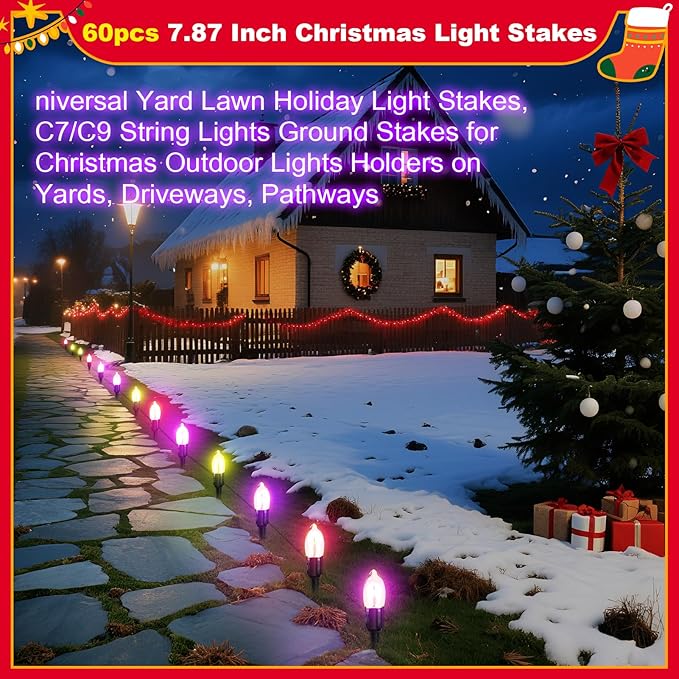 60 Pcs 7.5 Inch Christmas Light Stakes, Christmas Yard Stakes for C7 C9 Christmas Lights, Garden Path Walkway Holiday Decorations(Black)