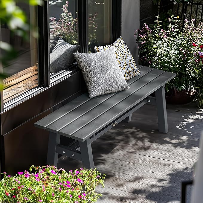 VINGLI 47” Outdoor Bench Garden Bench HDPE Porch Bench w/Metal Legs, Poly Lumber Patio Bench, 660 LBS Capacity Outdoor Backless Bench(Grey)
