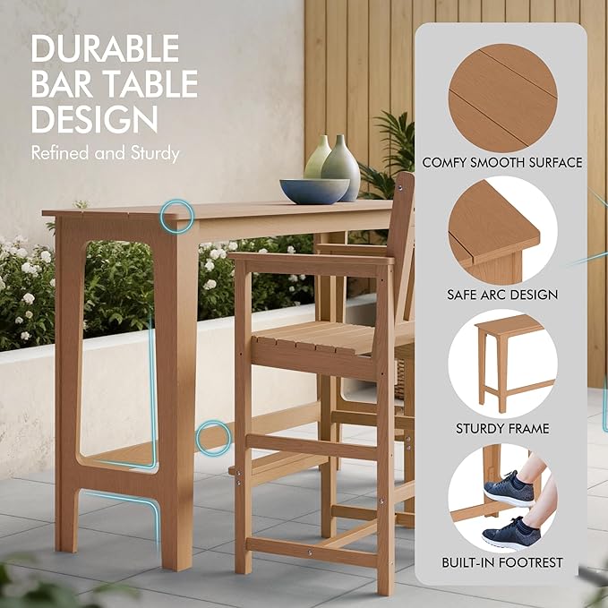 Ciokea 3 Pcs Outdoor Bar Height Table Set, 60" Extra Long Rectangle High Top Table and 2 Oversized Adirondack Chairs Set, Heavy-Duty All-Weather HDPE Patio Bar Set for Backyard Balcony Deck, Teak