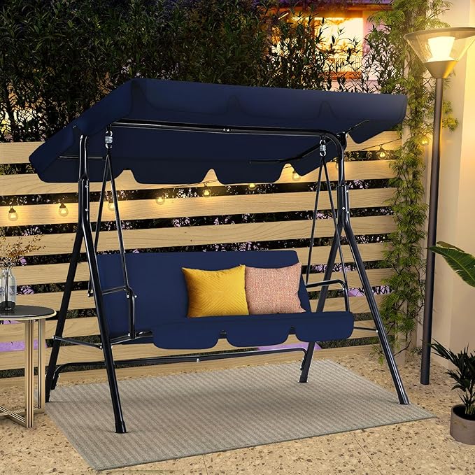 AECOJOY Porch Swing with Stand, 3-Seat Outdoor Clearance Porch Swings for Adults, Outdoor Patio Swing with Adjustable Canopy & Removable Cushion for Backyard, Garden, Yard, Poolside, Balcony (Blue)
