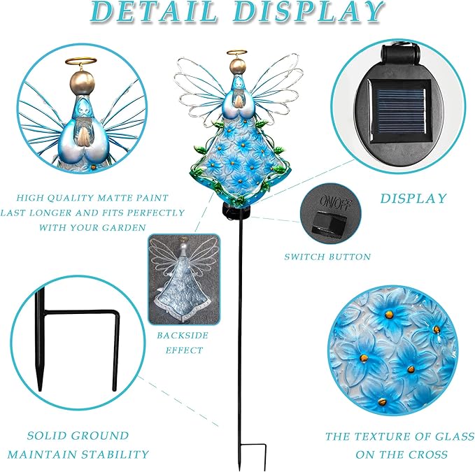 38Inch Angel Solar Lights Outdoor Decorative-Metal&Glass Angel Blue Hydrangea Flower Garden Stake- Waterproof 30 Warm White LED for Remembrance & Sympathy Gifts（Blue）