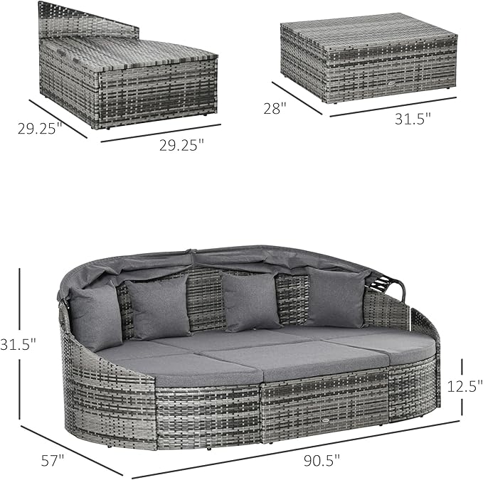 Outsunny 4-Piece Outdoor Rattan Furniture Set, Round Convertible Patio Daybed or Sunbed, Sectional Sofa with Canopy, Pillows, Cushions, Footrest, Table, PE Plastic Wicker, Gray