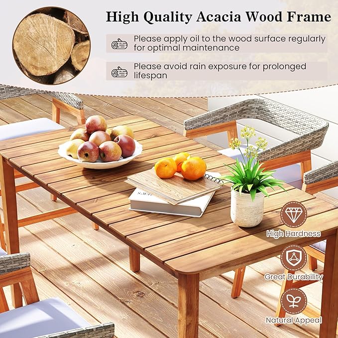 Tangkula 54" Acacia Wood Patio Dining Table for 6, Rectangular 4-6 People Patio Table with Slatted Tabletop, Indoor Outdoor Farmhouse Dining Table for Yard, Garden, Poolside, Deck