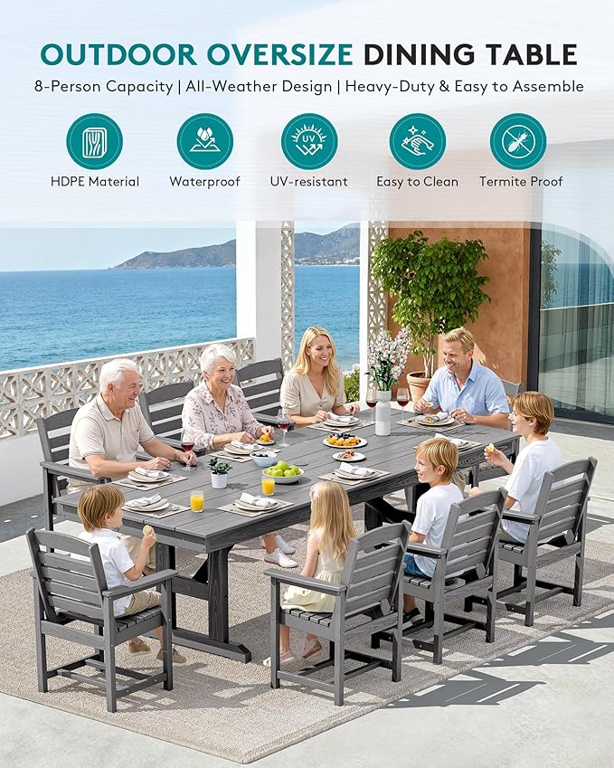 SERWALL 9 Piece Outdoor Dining Set, 84" HDPE Outdoor Table and Chairs for 8，All Weather Patio Furniture Set with Umbrella Hole for Backyard, Garden, Gray