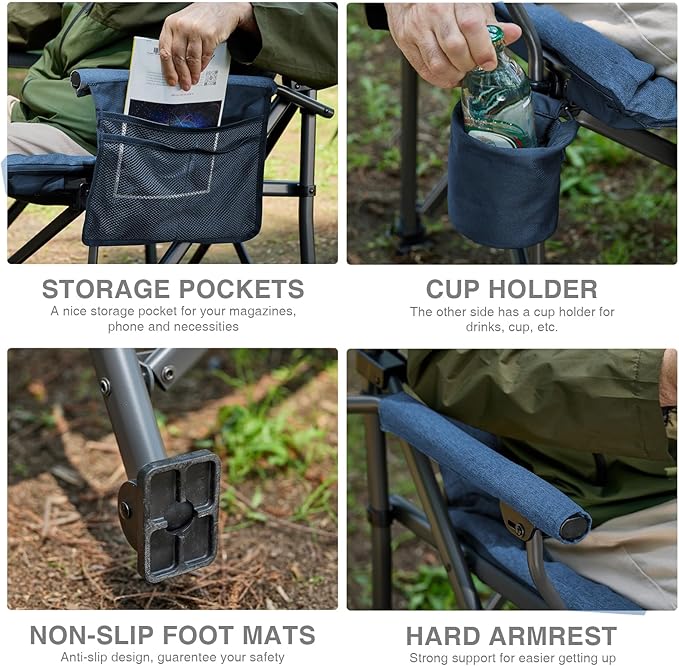 EVER ADVANCED Padded Oversized Folding Camping Chair for Adults, Heavy Duty Lawn Chair with Side Pockets, Portable Collapsible Quad Chair for Outside, Support Up to 500lbs, Blue