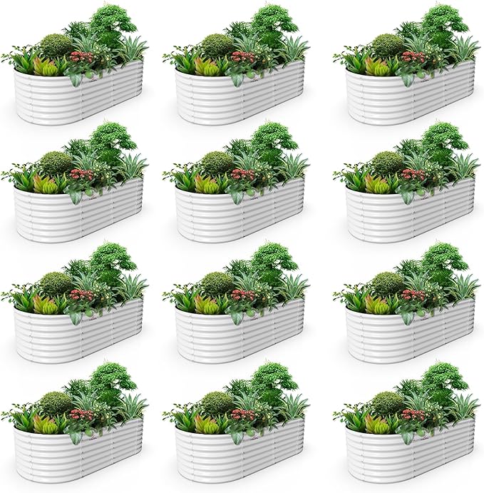 A ANLEOLIFE 12-Set 8X4X2 ft Galvanized Raised Garden Bed Kit, Oval Metal Deep Root Planters for Outdoor Plants, Antique White