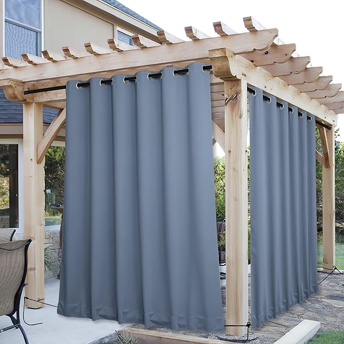 NICETOWN 2 Panels Outdoor Curtains for Patio Extra Wide 84", Waterproof & Windproof Grommet & Back Tab Fixed Top and Bottom Sun Blocking Privacy Drapes with Rope for Gazebo, Stone Blue, W84 x L95