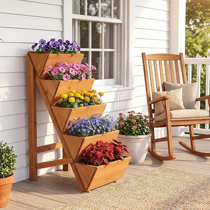Giantex 5-Tier Wooden Vertical Raised Garden Bed, Freestanding Plant Stand with Legs for Herbs Vegetables Fruits, Indoor Outdoor Tiered Wood Planter Box Flower Rack for Patio, Balcony & Yard