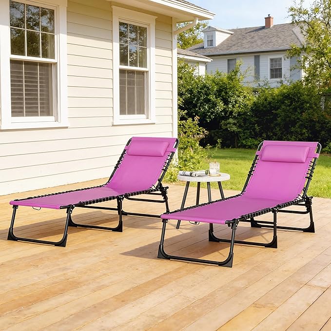 Outsunny Folding Chaise Lounge Chair Set of 2, Patio Sun Tanning Chair, Outdoor Chaise Lounger with 4-Position Reclining Back, Breathable Mesh Seat for Beach, Poolside, Yard, Purple