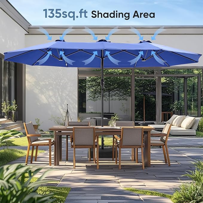 DUMOS 15FT Large Patio Umbrella with Base Included, Heavy Duty Extra Wide Outside Umbrella with 12 Ribbed Bars, Rectangle Outdoor Table Umbrella for Patio, Backyard, Pool, Deck & Garden, Blue