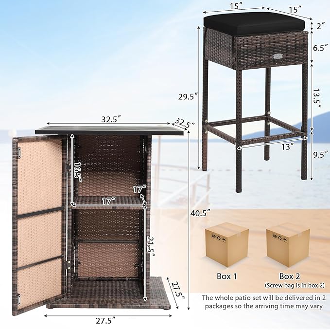 Tangkula 5 Piece Outdoor Rattan Bar Set, Patio Bar Furniture with 4 Cushions Stools and Smooth Top Table with Hidden Storage Shelf, Outdoor Conversation Set for Poolside, Backyard, Lawn