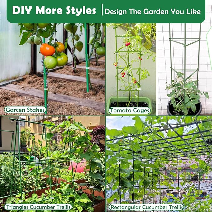 Cludoo 393PCS Garden Stakes Set with 120 Sets Fiberglass Plant Stakes Sticks Supports and Accessories, DIY 4ft 5ft 6ft 7ft Tomato Stakes for Tomato,Vegetables, Pepper, Indoor Outdoor Spring Plants