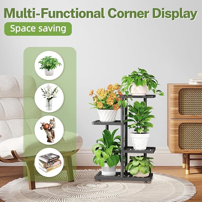 iDavosic.ly Plant Stand Indoor Outdoor, 3-Tier Tall Metal Flower Shelf for Heavy-Duty Large Planters, Corner Orchid Display Rack for Living Room Balcony Patio Porch, Space Saving, Modern Black