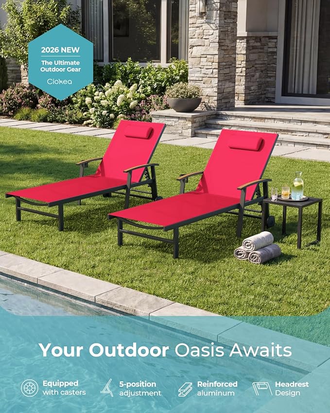 Ciokea Outdoor Lounge Chair with Pillow, 5-Position Aluminum Chaise Lounge with Wheels & Armrests, 400 lbs Heavy Duty Patio Pool Chair for Deck, Backyard, Beach & Poolside, Red