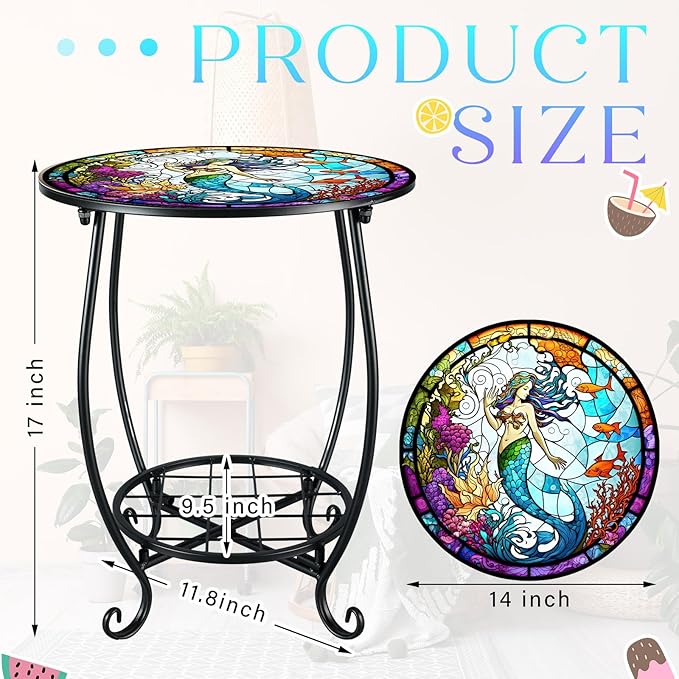 Outdoor Side Table Round Small Mosaic Patio Accent Indoor End Plant Coffee Tea Table for Yard Patio Porch Garden Living Room, Bedroom(Mermaid Style,14 Inch)