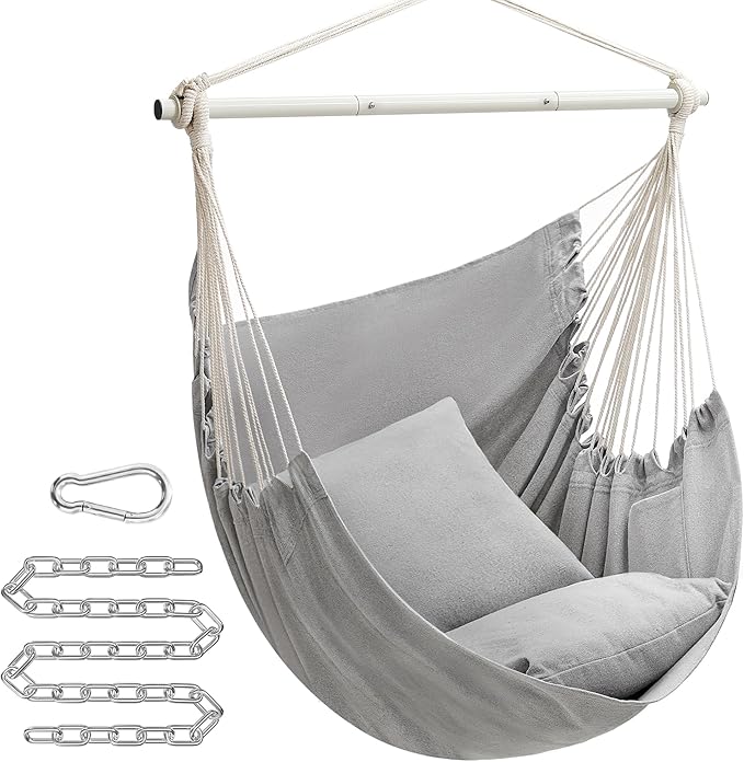 SONGMICS Hammock Chair, Load Capacity 500 lb, Hanging Chair with 2 Cushions, Large Hammock Swing with Chain and Pocket, for Indoor, Outdoor, Living Room, Bedroom, Dove Gray UGDC197G01