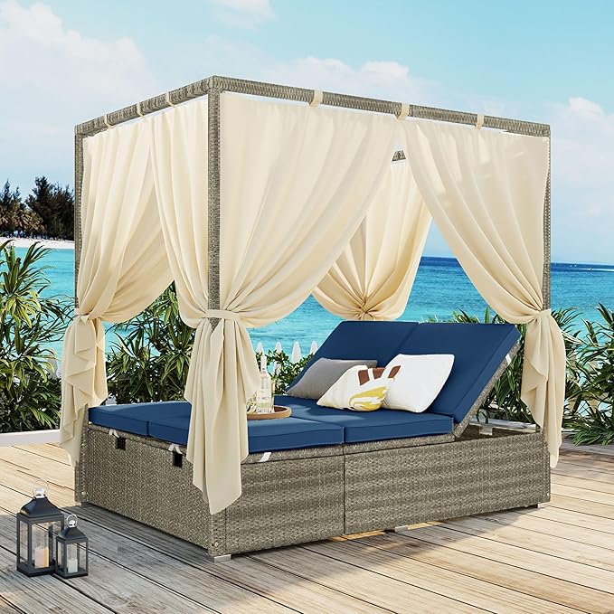Patio Chaise Lounge,PE Rattan Outdoor Patio Wicker Adjustable Outdoor Sun Bed with Four-sided Canopy and Comfortable Blue Cushion – Versatile Use for Patio, Garden, and Poolside