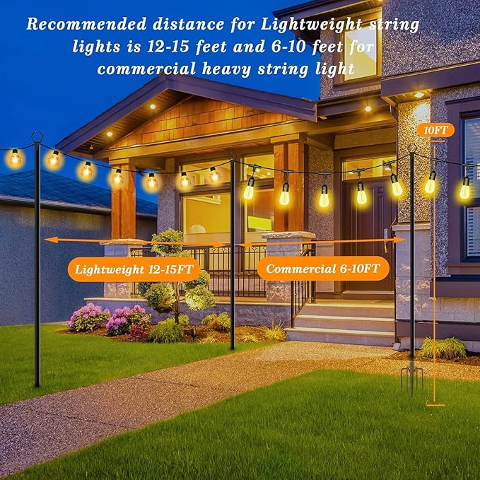6 Pack String Light Poles,10 Ft Light Poles for Outside String Lights,Outdoor Lights Pole with Fork,Metal Poles Stand for Patio Deck Backyard