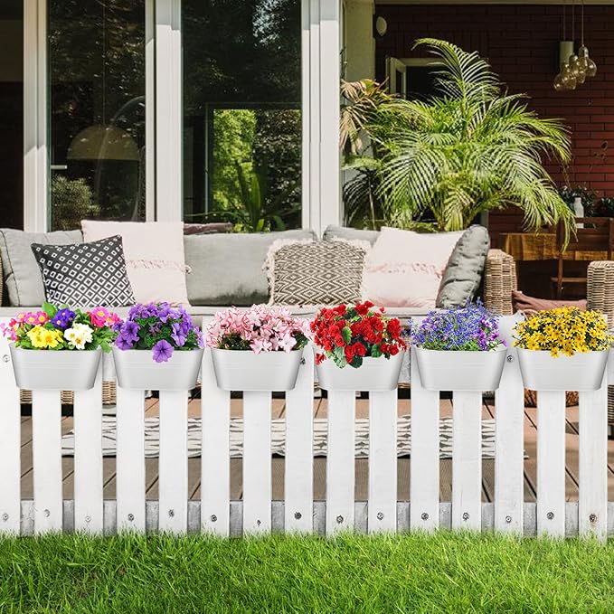MADHOLLY Railing Planter with Drainage Holes - 6Pcs Sturdy Bucket Pots for Railing Fence, Countryside Style Metal Flower Pots for Herbs Balcony Garden Yard Decor, White