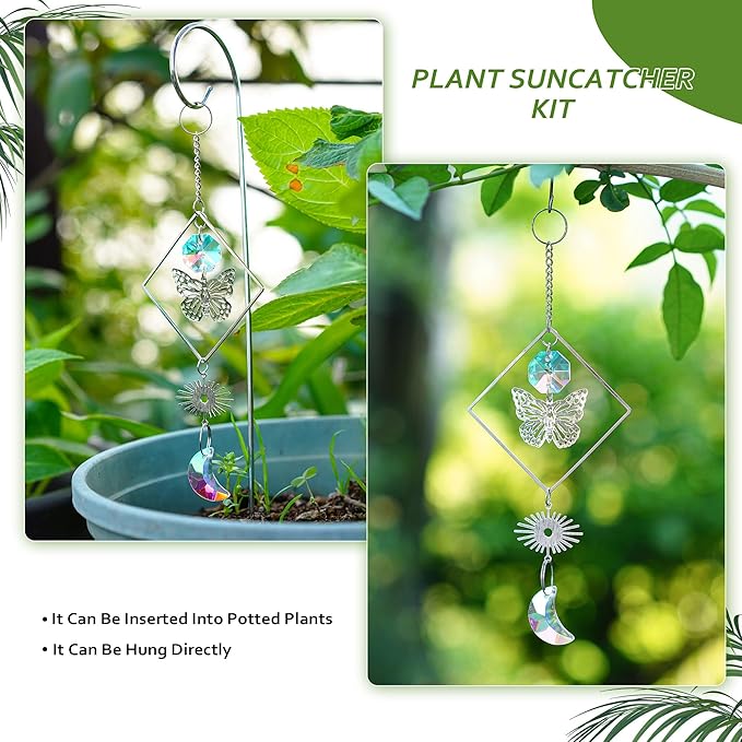 HDCRYSTALGIFTS 4 Pack Crystal Sun Catchers with 13.5'' Small Trellis for Potted Plants Indoor Plant Stake Suncatcher Decoration for Home Window Garden, Sliver
