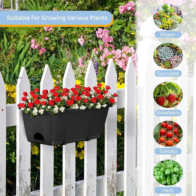 smusei 4 Pack Window Boxes Planters 17’’ Railing Planter Box with Adjustable Brackets, Deck Railing Hanging Flower Pots Rectangular Herb Planter for Outdoor Fence Garden, Balcony Decor