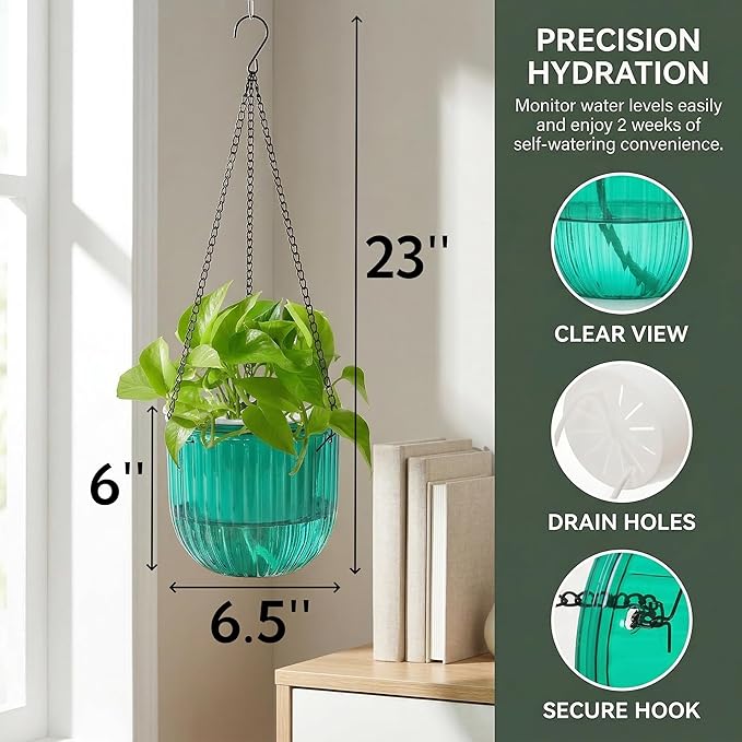 3 Pack Self Watering Hanging Planters, 6.5 Inch Hanging Flower Pot with Drainage Hole, Plastic Hanging Basket with 3 Hooks Chains, Plant Hanger for Indoor Outdoor Plants, Herbs (3 Colors)