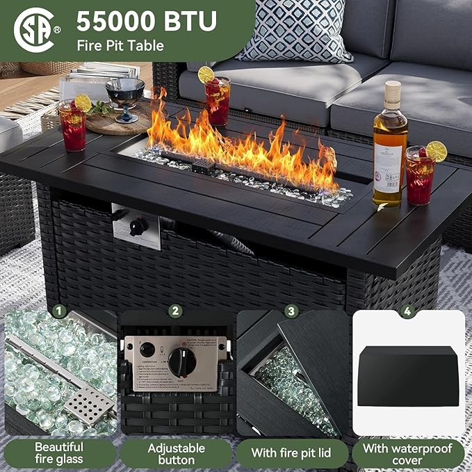 Aoxun 8 Piece Patio Furniture Set with 44” Fire Pit Table, Wicker Rattan Patio Sectional Sofa, Outdoor Furniture Set with Thickened Cushion, Grey