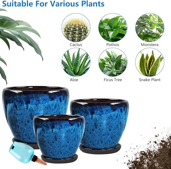 Ceramic Pots for Plant with Self Watering Globes, 10 inch Planters for Indoor Plants with Saucer, Glaze Flower Pots Outdoor with Drainage Holes, Decorative Garden Pots