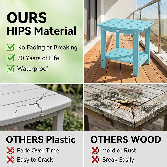 Y&M Outdoor Side Table, HIPS Adirondack Small Double Layer Table, Waterproof Square Outside Table, Balcony End Tables for Patio, Pool, Porch, Deck, Indoor or Outdoor Use, Light Blue