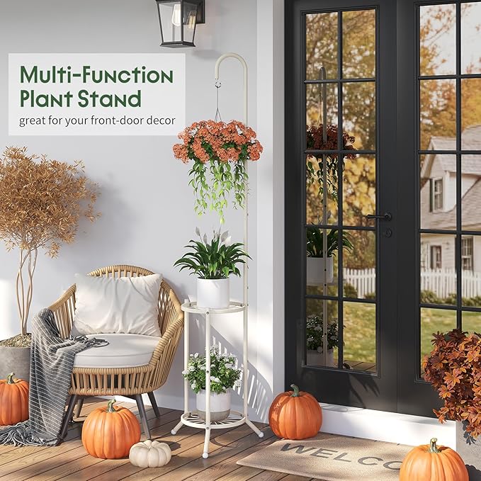 2-Tier Hanging Plant Stand Indoor and Outdoor , Space-Saving Iron Planter Shelves, Multiple Flower Pot Display Holder Shelf with Hanging Hook, Corner Plant Stands (White)