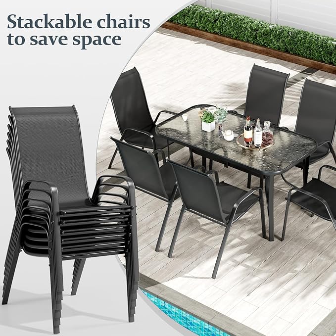 TLSUNNY 7 Pieces Patio Dining Set, Outdoor Table and Chairs W/1.69″ Umbrella Hole, 30"X 55" Table and Stackable Textilene Chair, All Weather Patio Furniture Set (Umbrella not Included) (Black)