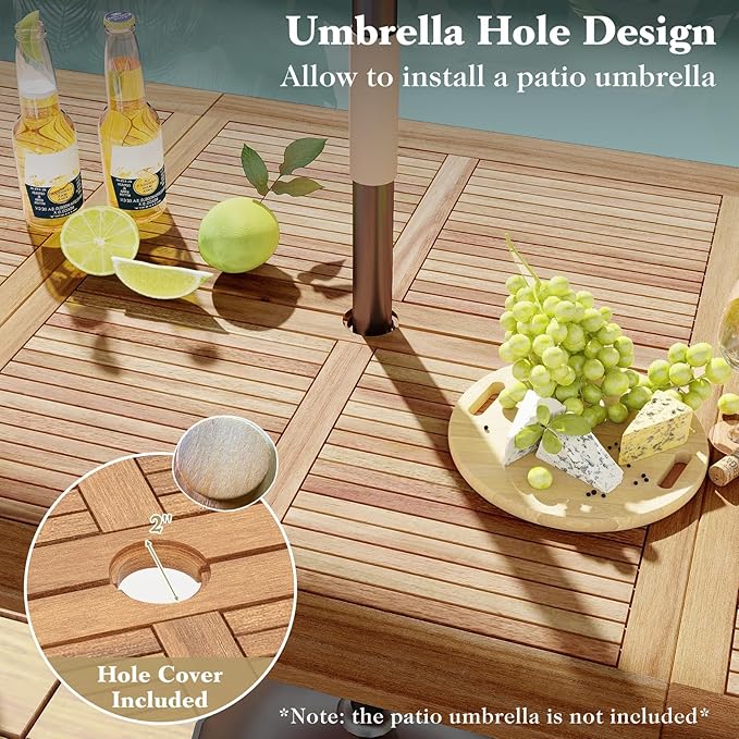 Tangkula 86.5" Large Patio Dining Table for 8, Acacia Wood 8-Person Dining Table with 2" Umbrella Hole & Metal Legs & Adjustable Foot Pads, Rectangular Outside Table for Garden, Poolside & Backyard