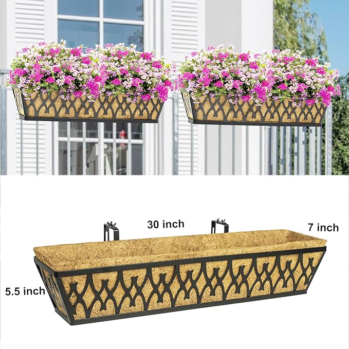6 Pack 30 Inch Window Boxes Planters Railing Planter Box with Adjustable Brackets for Porch Fence Patio Balcony Hanging Flower Baskets with Coco Liners for Outdoor Garden Decor - Black
