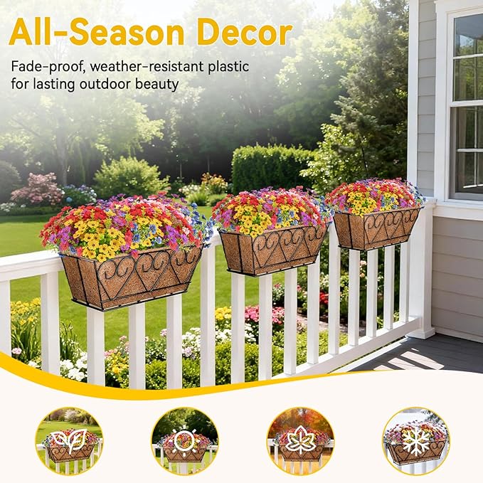 ZeeDix 16 Inch Artificial Flowers Hanging Railing Window Planter Box, 12 Pcs UV Resistant Fake Look Real Flowers with Heart-Shaped Deck Railing Planter Boxes for Porch Patio Balcony Garden Home Decor