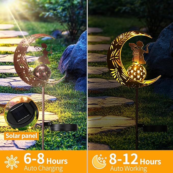 ZKLiLi Christmas Garden Solar Lights Pathway Stake Lights Moon Fairy with Angel Decor, Gardening Birthday Gift for Mom Grandma Friends, Outdoor Decor Light Waterproof for Walkway, Yard, Patio