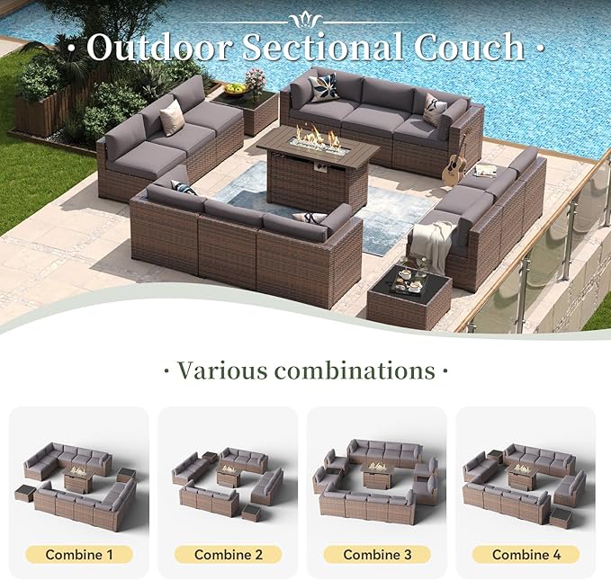 Aoxun 15 Piece Patio Furniture Set with 44” Fire Pit Table Wicker Rattan Outdoor Sectional Sofa Set with Coffee Table and Thickened Cushions, Grey (Waterproof Cover Included)