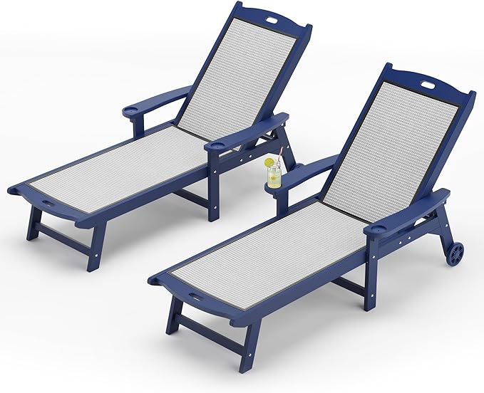 LUE BONA Chaise Lounge Chair Outdoor Set of 2, HDPS and HDPE Wicker Material, Patio Lounge Chair with Adjustable Backrest, Resin Pool Lounge Chairs with Wheels for Backyard, Poolside and Deck