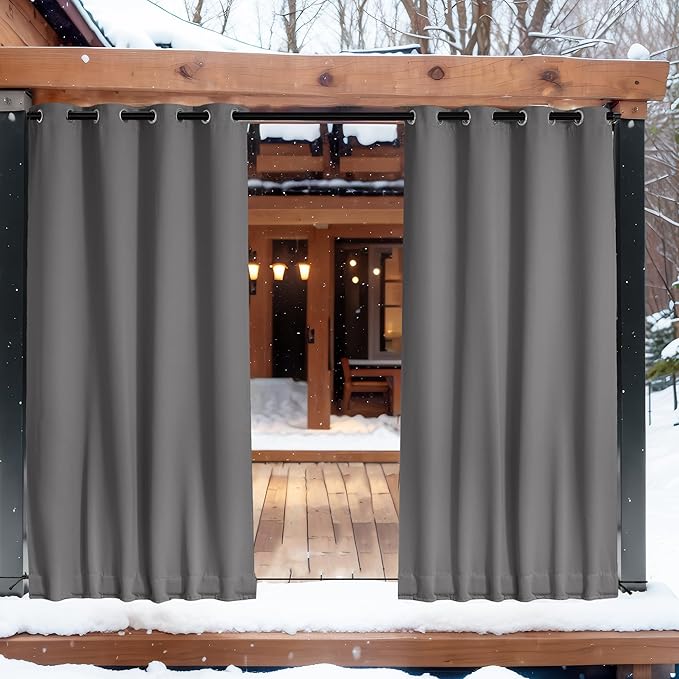 NICETOWN 2 Panels Blackout Weighted Outdoor Curtains for Patio Waterproof, Grommet & Back Tab on Top & Bottom Keep Privacy Light & Sound Block for Porch with Bonus Rope for Fixed, Grey, W52 x L72