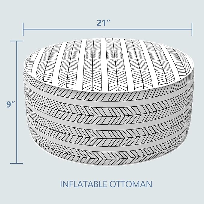LVTXIII Indoor/Outdoor Inflatable Ottoman with Handle D21 x H9 Inch, Weather-Resistant Round Footstool Pouf for Patio Camping Living Room, Portable Footrest Extra Seating, Herringbone Black White