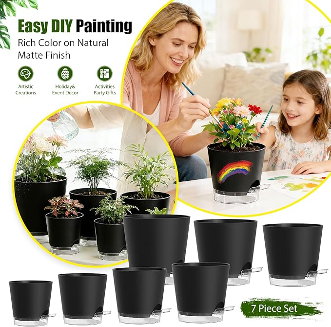 Plant Pots 4/5/5.5/6/6.5/7/8 Inch Self Watering Pots, 7 Pack Plastic Planters with Drainage Holes and Clear Saucers,Plastic Flower Pots,Nursery Planting Pot for Indoor Out Door Plants(Black)