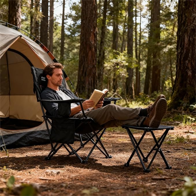 FAIR WIND Oversized Padded Camping Chair with Footrest Stool Set Heavy Duty Support 300 LBS Cooler Bag Chair - Black