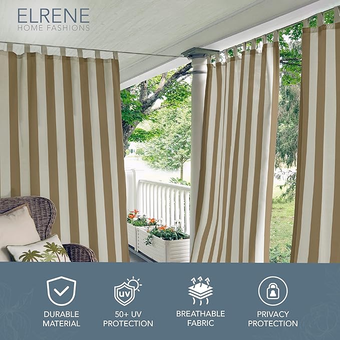 Elrene Home Fashions Highland Stripe Indoor/Outdoor Curtain Panel, 50 inches X 108 inches, Natural