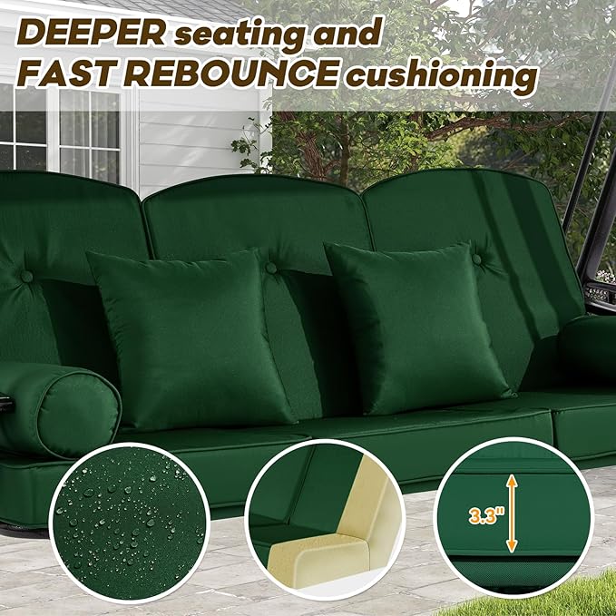 3 in 1 Outdoor Porch Swing with Canopy, 3 Seat Outdoor Swing for Adults, Patio Swing Chair with Thickened Cushions,Pillows & Cup Holders for Backyard, Porch, Garden (Green)