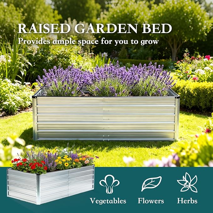 DUMOS Raised Garden Bed Outdoor, 6x3x2ft Planter Box Outdoor for Deep-Rooted Herbs/Flowers/Vegetables, Large Metal Garden Bed for Patio, Balcony and Backyard, Silver
