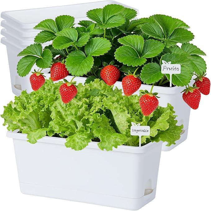 Window Box Planter 6 Packs, 13.8 Inches Rectangle Flower Pots with Drainage Holes & Trays, Pots for Vegetables, Herbs, Flowers, Garden Windowsill Balcony (White)