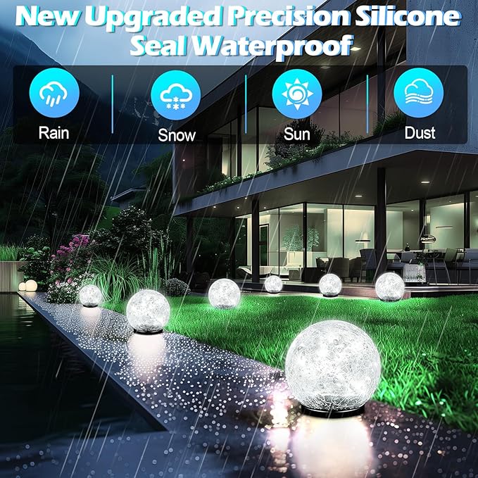 Coroor Garden Solar Ball Lights Outdoor Waterproof, 50 LED Cracked Glass Globe Power Ground for Path Yard Patio Lawn, Outdoor Decoration Landscape White (2 Pack 4.7'')
