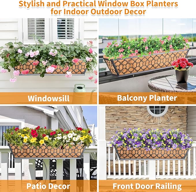 Riare 2 Pack 24 Inch Window Boxes Planters with Coco Liner, Metal Deck Railing Planter Boxes, Balcony Planters Railing Hanging, Horse Trough Window Flower Planter Boxes for Outdoor Porch Fence Patio
