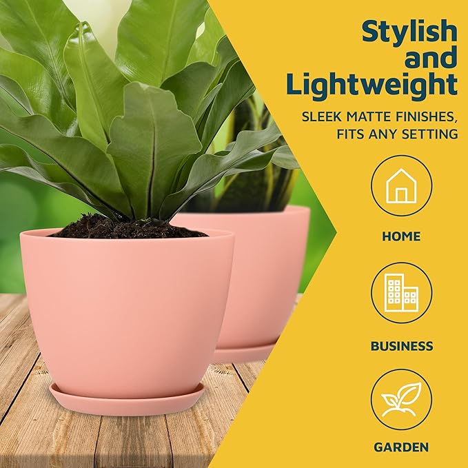 Pink Plant Pots with Drainage Holes & Saucers 15 Pack, Indoor & Outdoor Stackable Space-Saving Planters for Houseplants & Flowers, (7", 6.7", 6", 5.3", and 4.8" Inches), Durable & Weatherproof